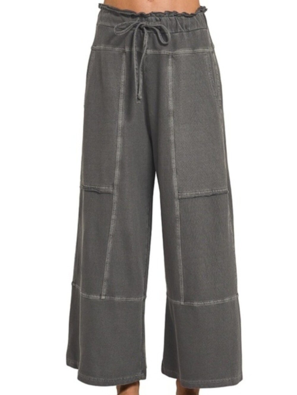 Zenana Women's Terry Washed Exposed Seam Wide Leg Pants - Gray
